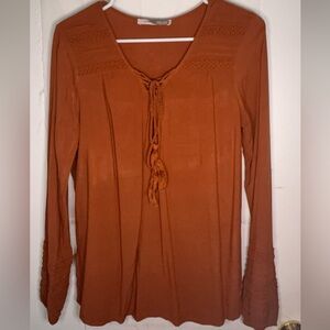 Forever 21 Burnt Orange Lace Pintuck Peasant Blouse